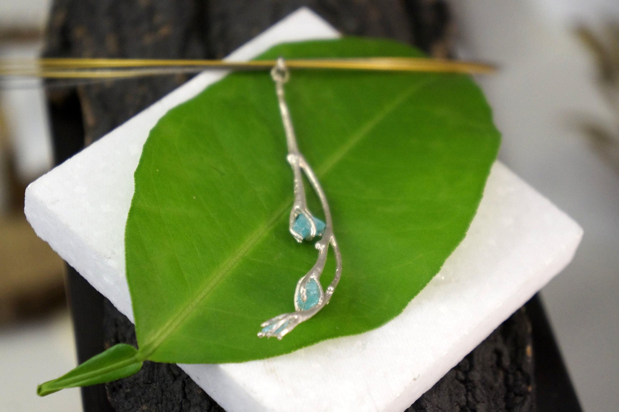 Jasmine Twig Necklace: Floral Nature Jewelry (Sky Blue Raw Murano)-3
