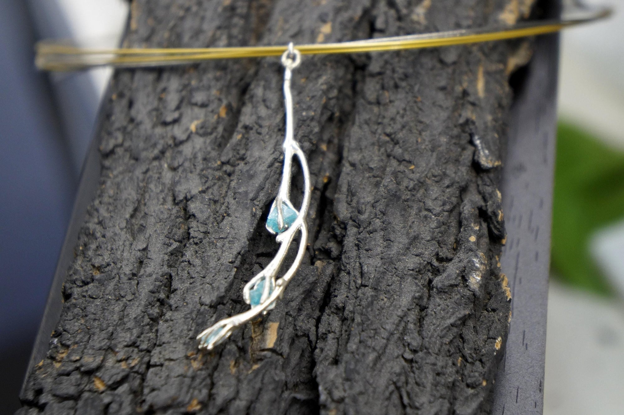 Jasmine Twig Necklace: Floral Nature Jewelry (Sky Blue Raw Murano)-4