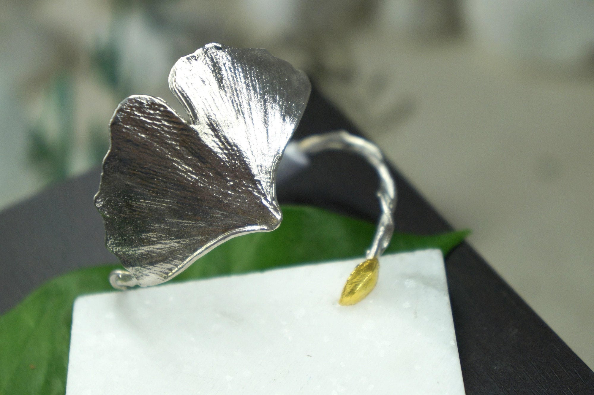 Real Ginkgo and Rose Leaf Silver Cuff Bracelet, Handmade Nature Jewelry, Organic Forest Cuff, Unique Gift for Nature Lovers, Gold or Sterling Silver 925