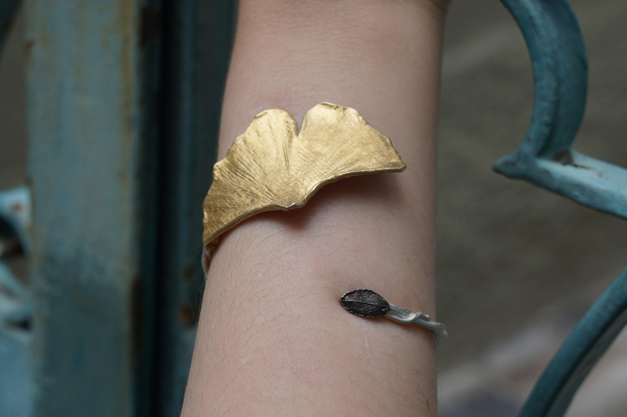 Real Ginkgo and Rose Leaf Silver Cuff Bracelet, Handmade Nature Jewelry, Organic Forest Cuff, Unique Gift for Nature Lovers, Gold or Sterling Silver 925