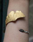 Real Ginkgo and Rose Leaf Silver Cuff Bracelet, Handmade Nature Jewelry, Organic Forest Cuff, Unique Gift for Nature Lovers, Gold or Sterling Silver 925