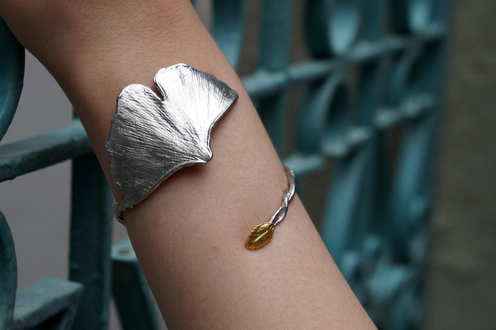 Real Ginkgo and Rose Leaf Silver Cuff Bracelet, Handmade Nature Jewelry, Organic Forest Cuff, Unique Gift for Nature Lovers, Gold or Sterling Silver 925