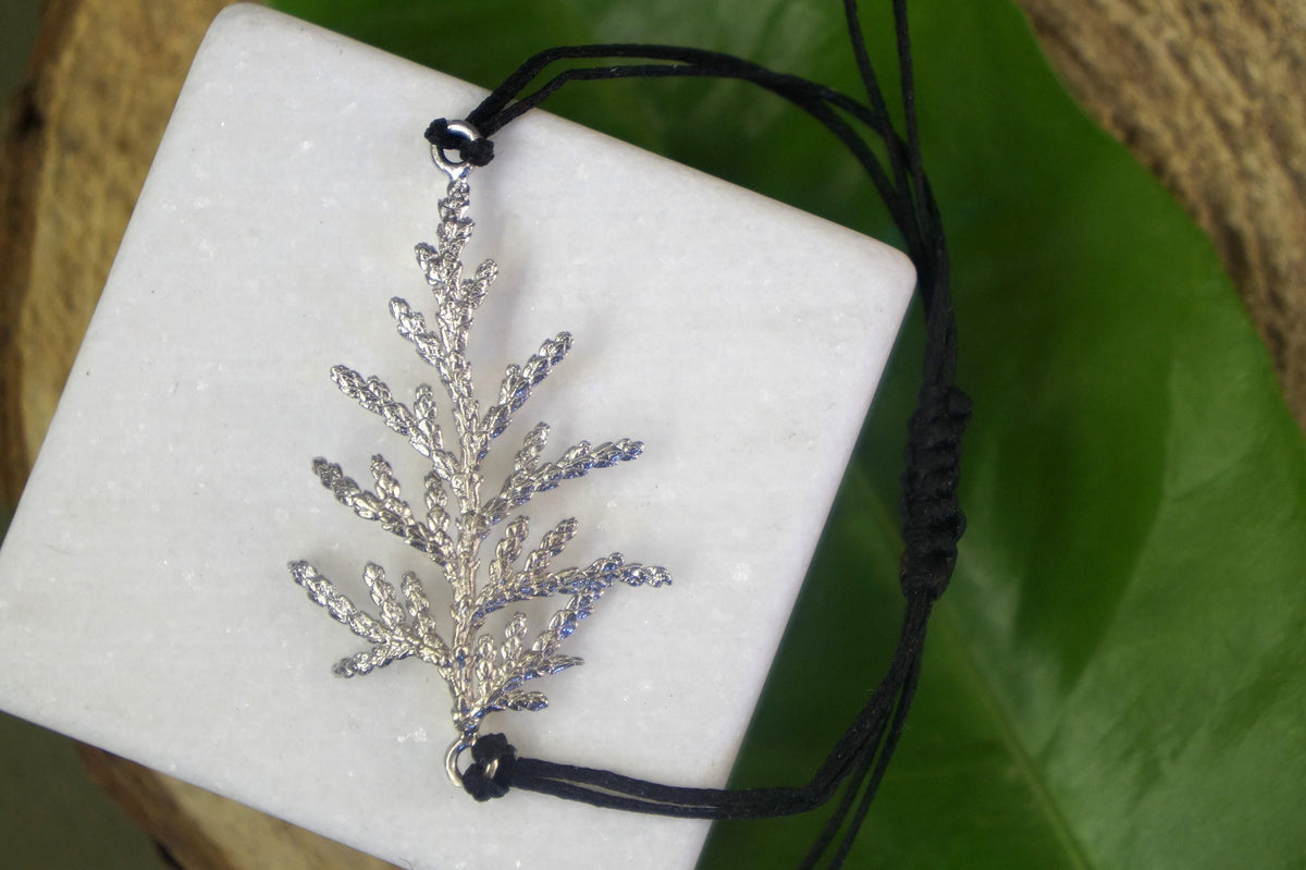 Real Cypress Leaf Silver Cord Bracelet, Handmade Nature Jewelry, Adjustable Botanical Cord Bracelet, Gift for Endurance &amp; Hope, Gold or Sterling Silver 925