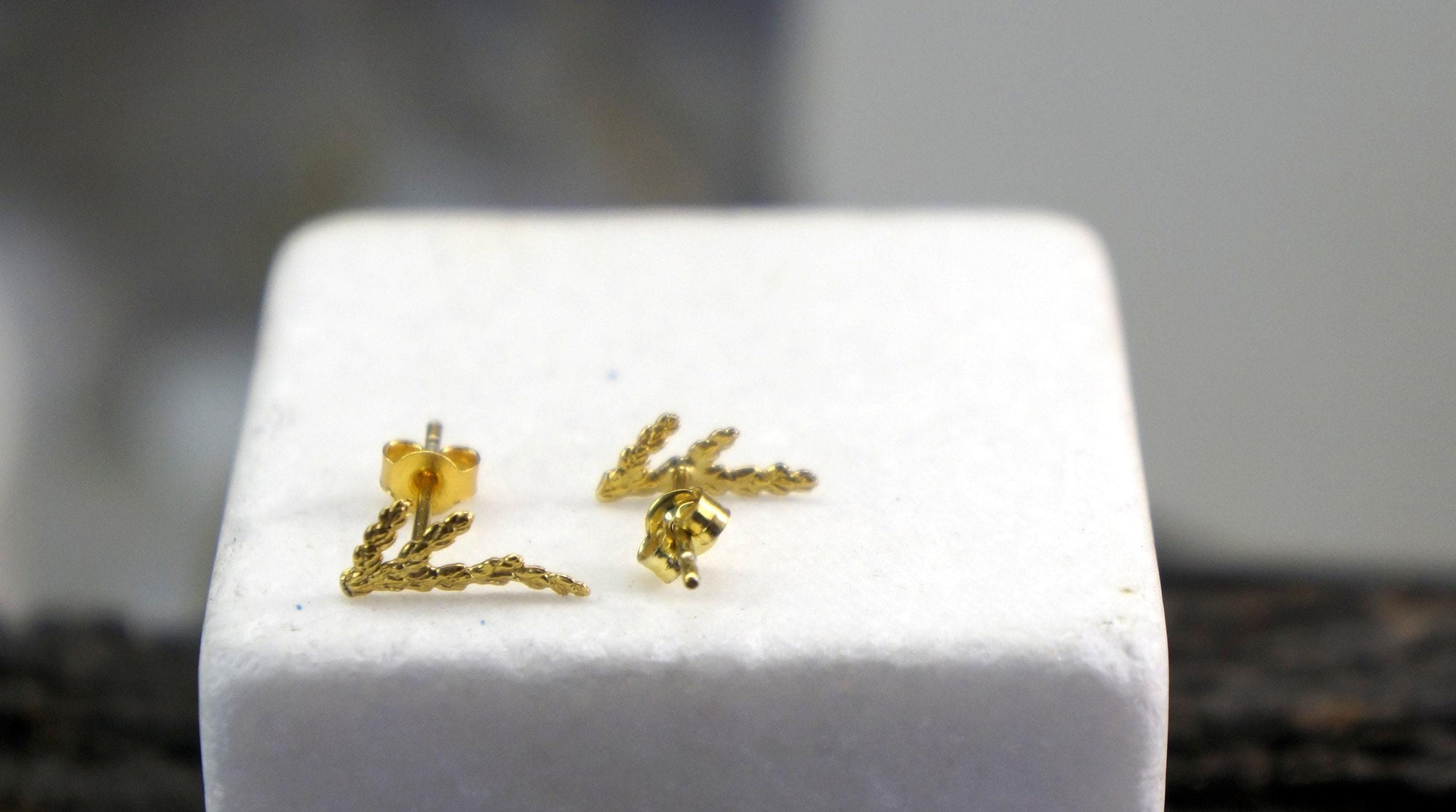 Silver Stud Earrings: Delicate Cypress Leaf - Gold Plated Finish-3