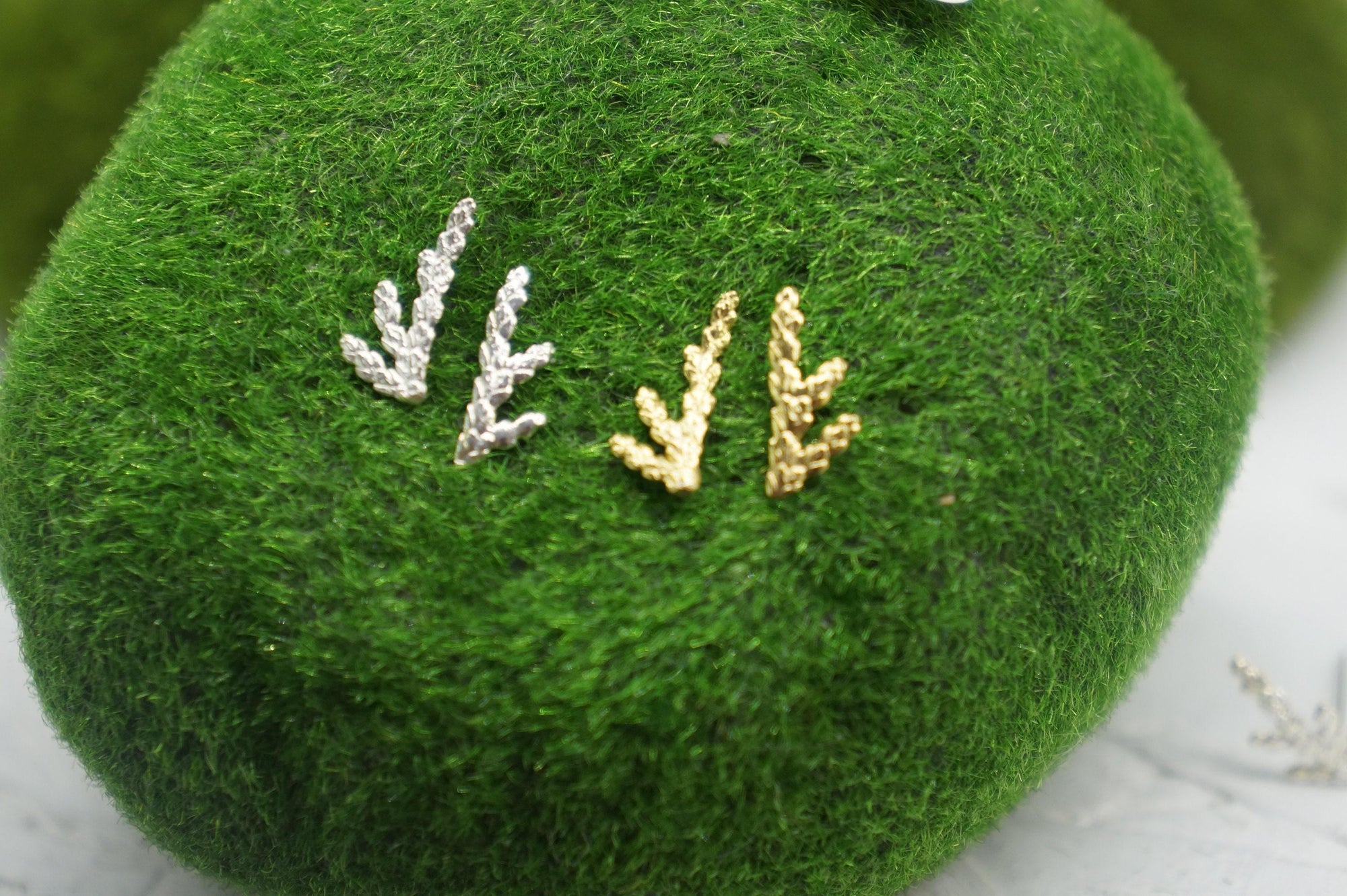 Silver Stud Earrings: Delicate Cypress Leaf - Gold Plated Finish-4