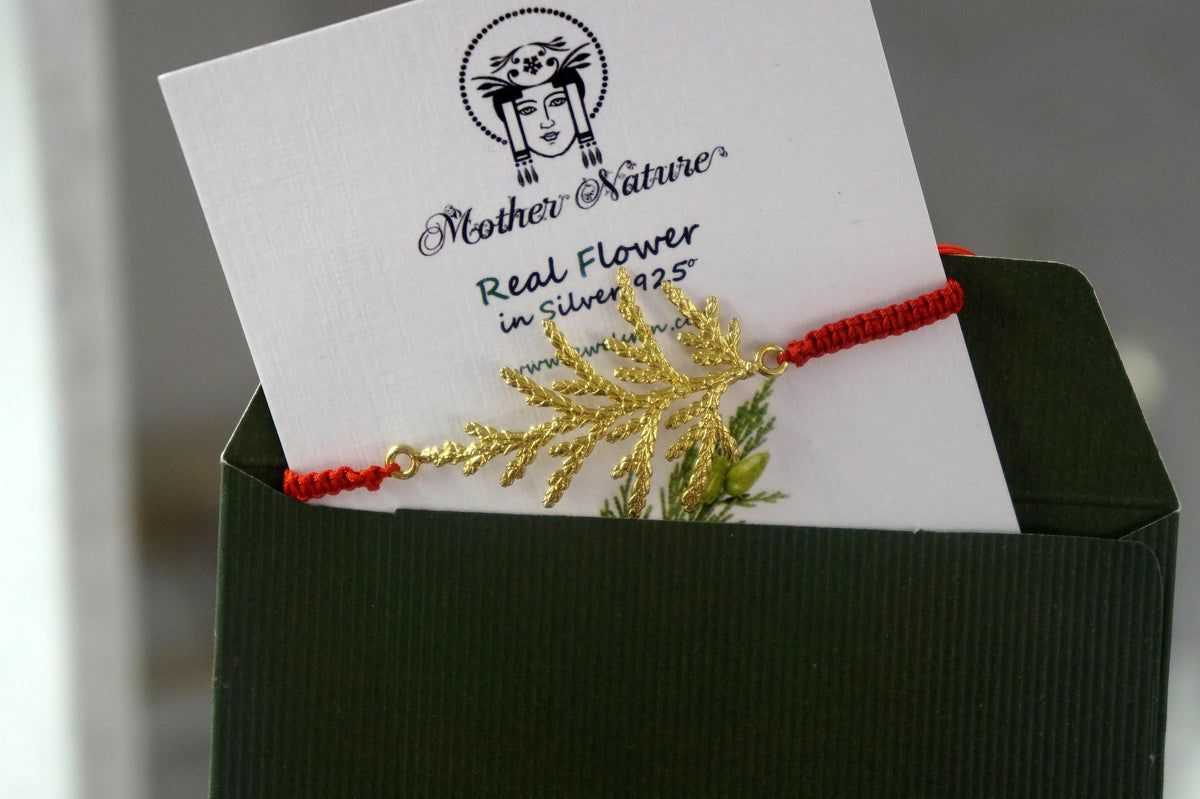 Real Cypress Leaf Silver Cord Bracelet, Handmade Nature Jewelry, Adjustable Botanical Cord Bracelet, Gift for Endurance &amp; Hope, Gold or Sterling Silver 925