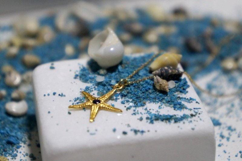 Real Starfish Gold Pendant Necklace with Zircon, Handmade Nature Jewelry, Organic Nature Pendant, Gift for Love, 14K Gold Plated Sterling Silver 925