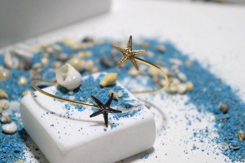 Nature-Inspired Starfish Bracelet, Two Tone Silver and Gold (Adjustable Cuff)-3