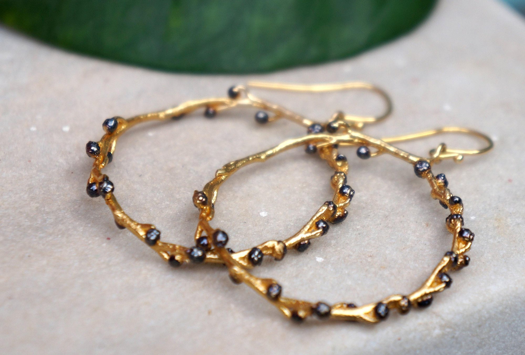 Real Mimosa Leaf Gold Hoop Earrings with Black Rhodium Detail, Handmade Nature Jewelry, Organic Botanical Hoops, Gift for Renewal &amp; Fortitude, Sterling Silver 925