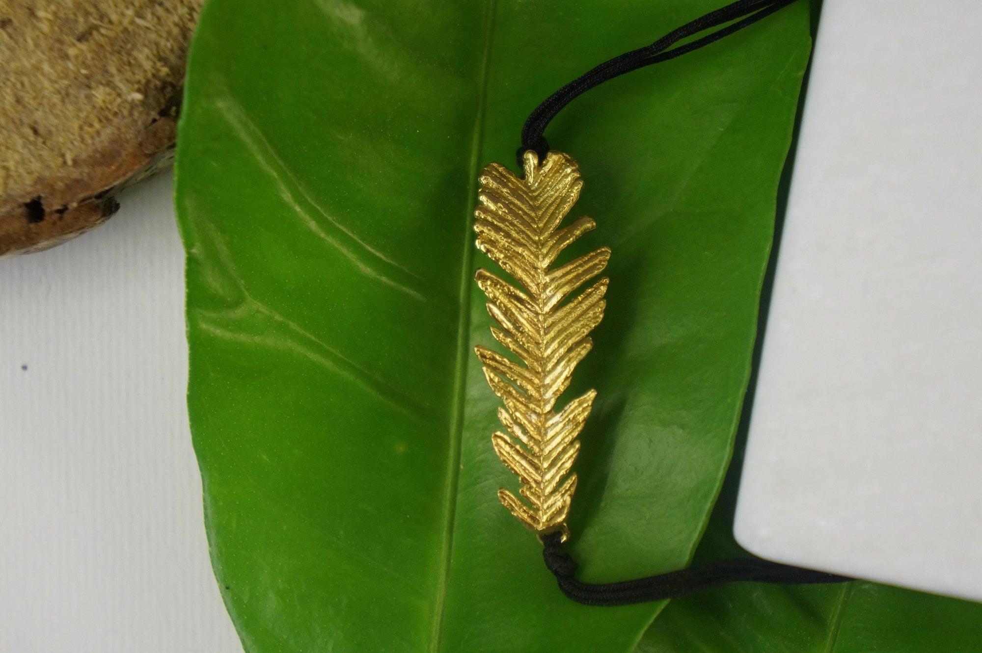 Real Acacia Leaf Cord Bracelet, Handmade Nature Jewelry, Adjustable Botanical Cord Bracelet, Gift for Renewal &amp; Fortitude, Gold or Sterling Silver 925