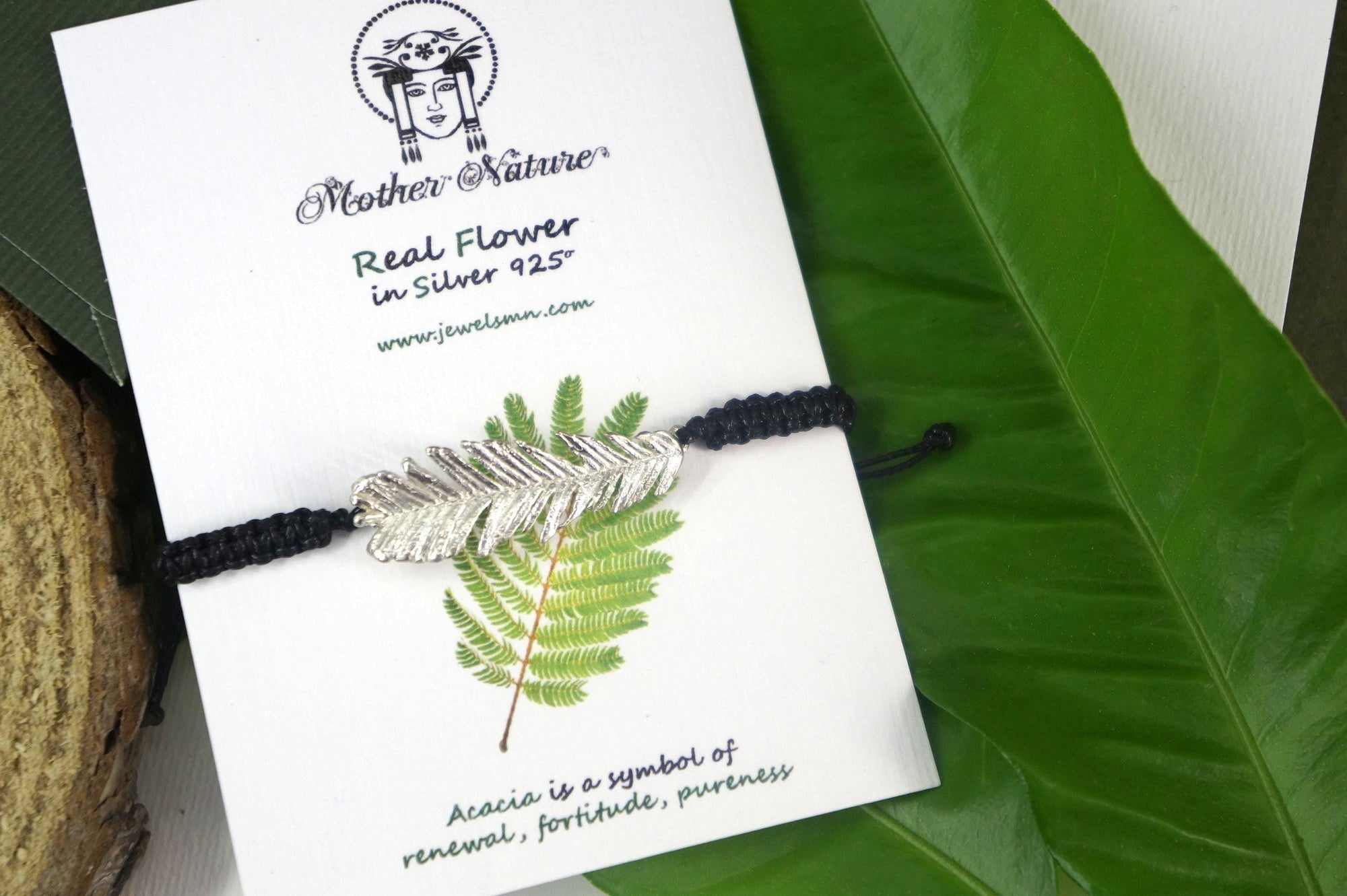 Real Acacia Leaf Cord Bracelet, Handmade Nature Jewelry, Adjustable Botanical Cord Bracelet, Gift for Renewal &amp; Fortitude, Gold or Sterling Silver 925