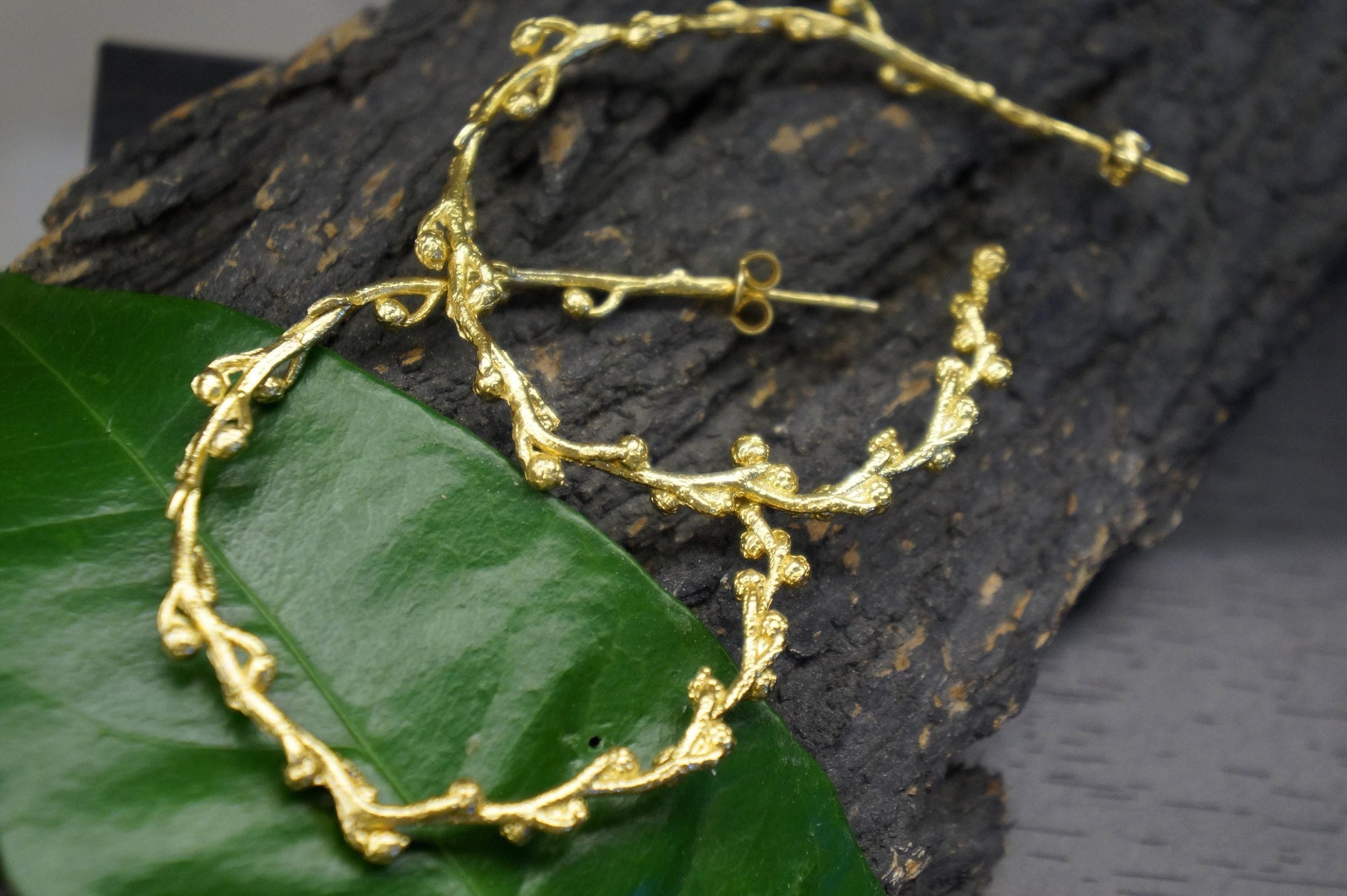 Mimosa Twig Hoop Earrings: Gold Plated Recycled Silver, Nature Inspired-3