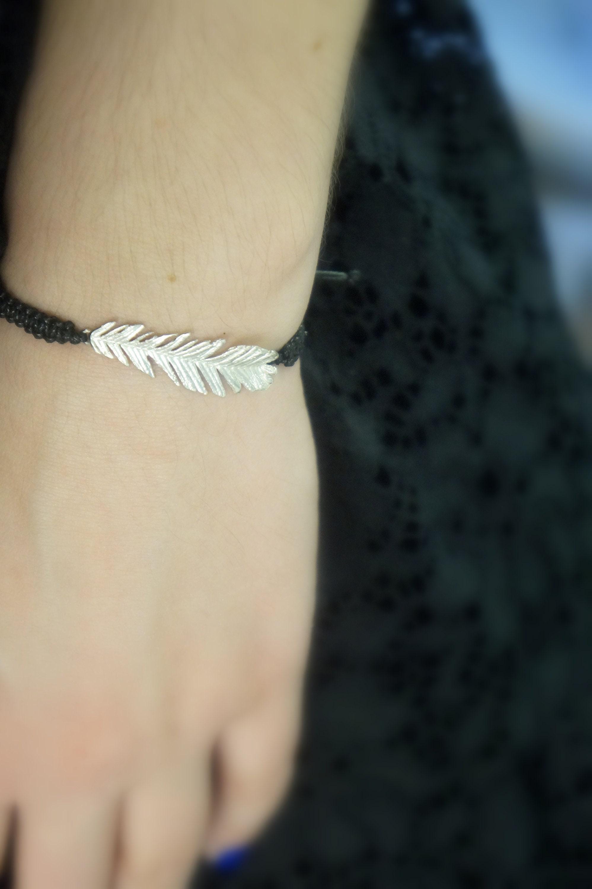 Real Acacia Leaf Cord Bracelet, Handmade Nature Jewelry, Adjustable Botanical Cord Bracelet, Gift for Renewal &amp; Fortitude, Gold or Sterling Silver 925