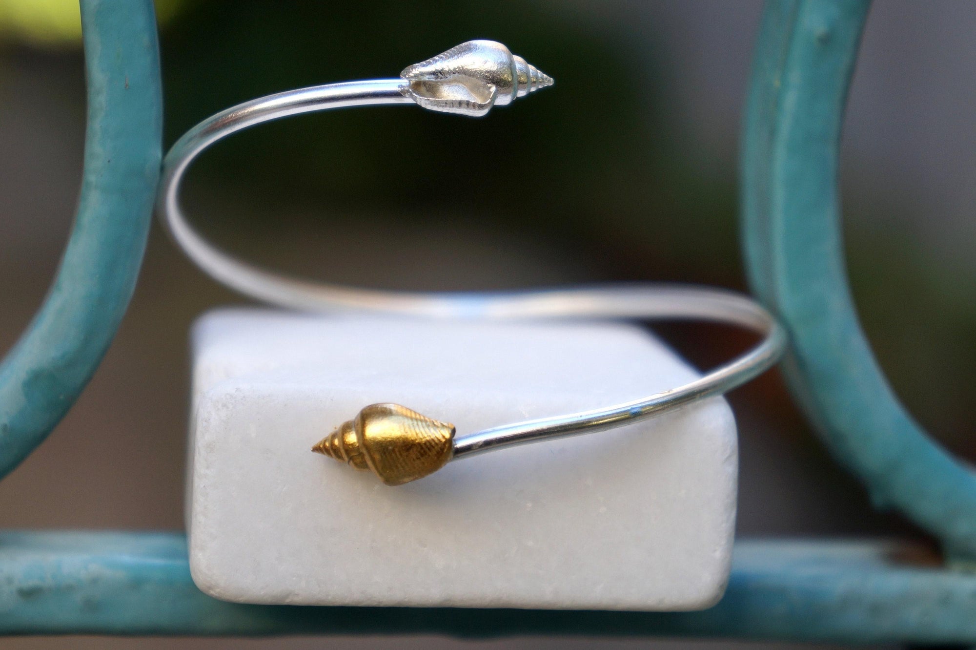 Silver Shell Bracelet: Adjustable Cuff with Gold Details-0