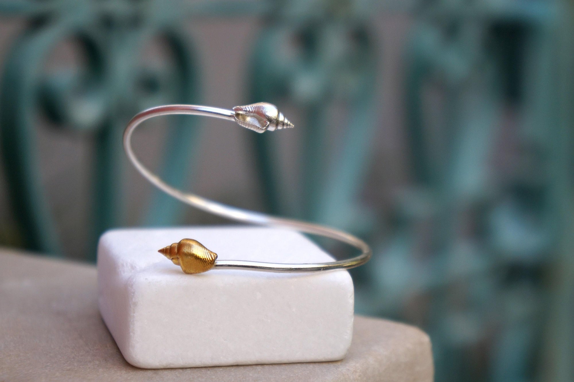Silver Shell Bracelet: Adjustable Cuff with Gold Details-1