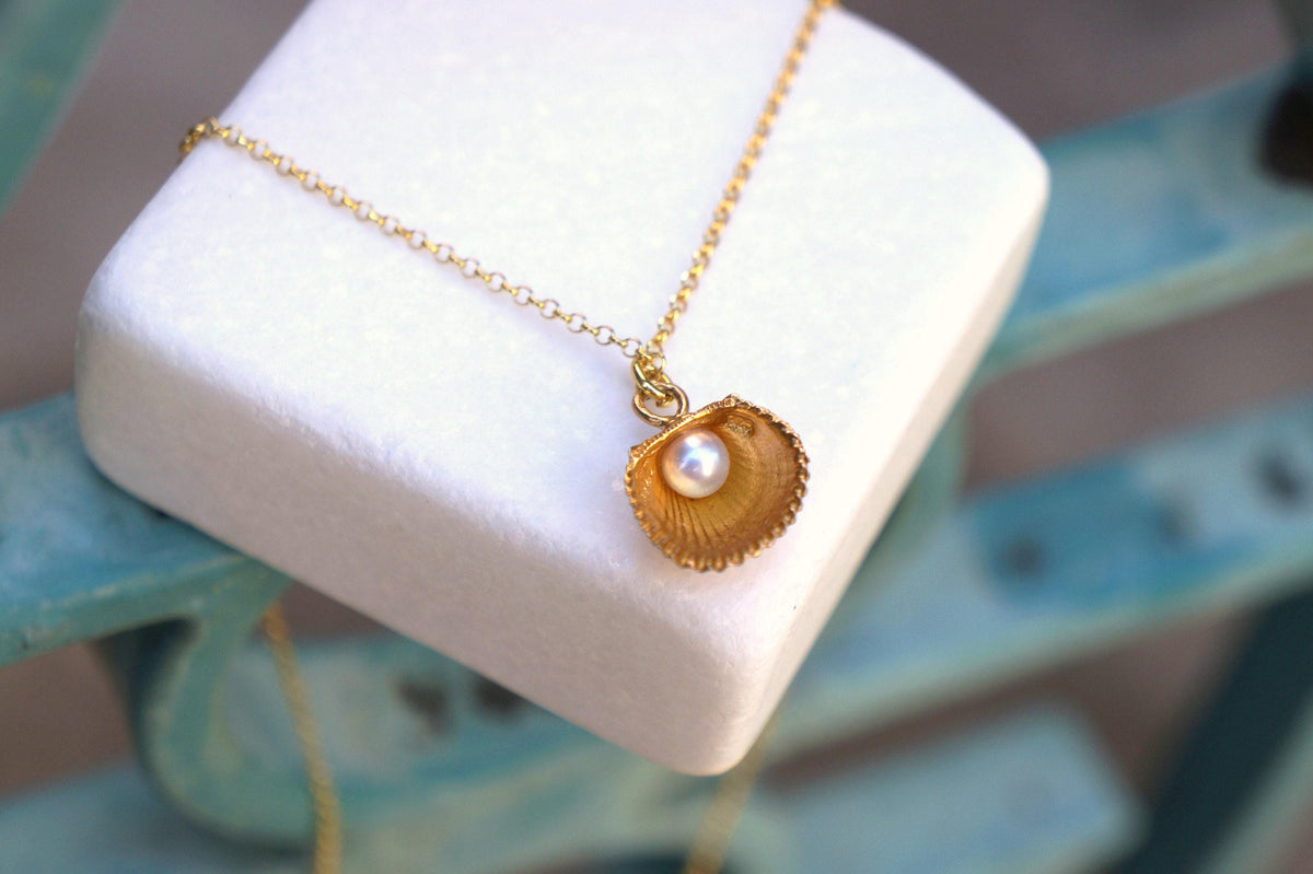 Solid Gold Sea Shell Necklace with Pearl, Handmade Minimalist Jewelry, Organic Beach Pendant, Gift for Luck, Real Gold (9K, 14K, 18K)