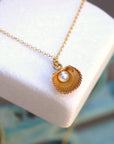 Solid Gold Sea Shell Necklace with Pearl, Handmade Minimalist Jewelry, Organic Beach Pendant, Gift for Luck, Real Gold (9K, 14K, 18K)