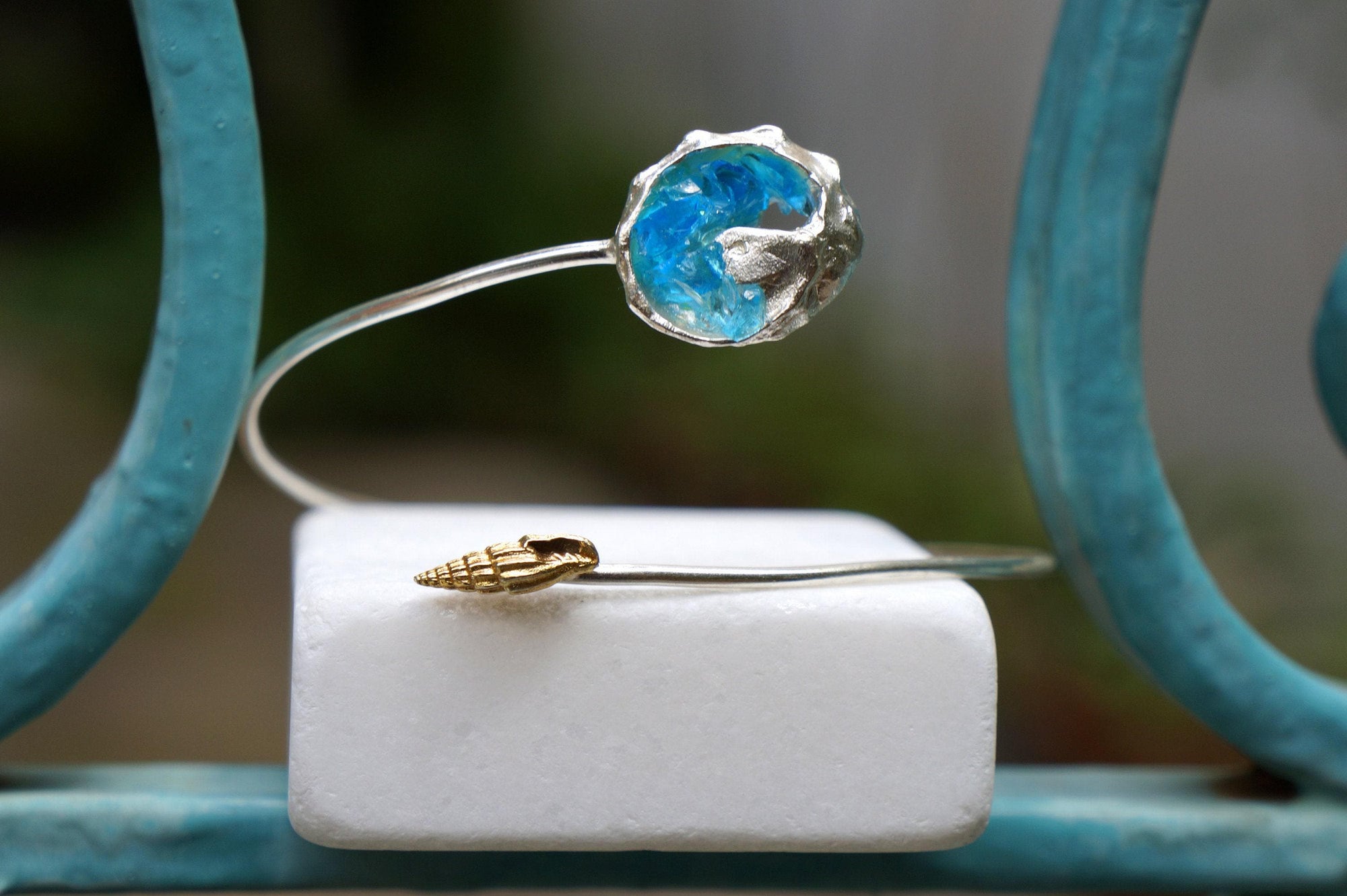 Murano Glass Silver Bangle Bracelet, Handmade Nature Jewelry, Organic Forest Cuff, Gift for Longevity &amp; Love, Sterling Silver 925