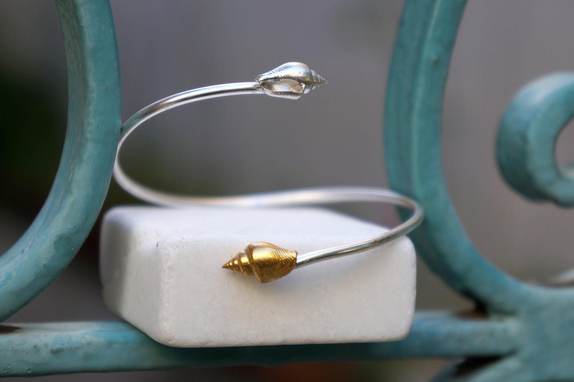 Silver Shell Bracelet: Adjustable Cuff with Gold Details-4