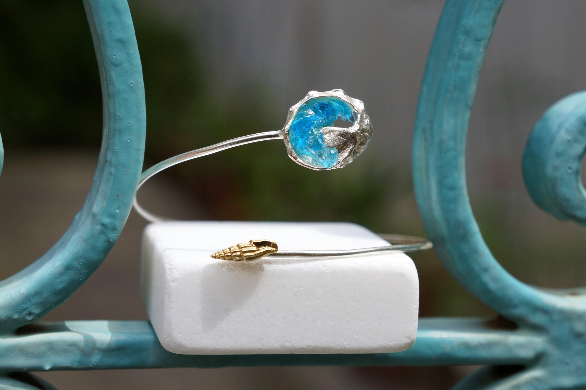 Murano Glass Silver Bangle Bracelet, Handmade Nature Jewelry, Organic Forest Cuff, Gift for Longevity &amp; Love, Sterling Silver 925