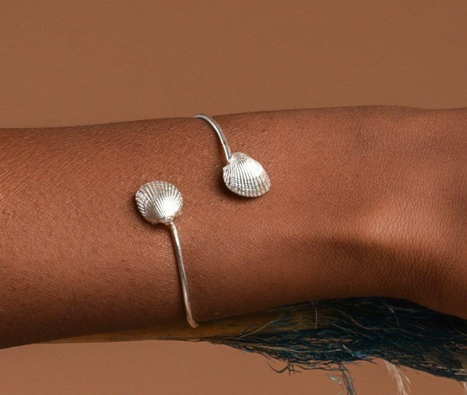 Sterling Silver Seashell Bracelet: Two Clam Charms, Adjustable Cuff-0