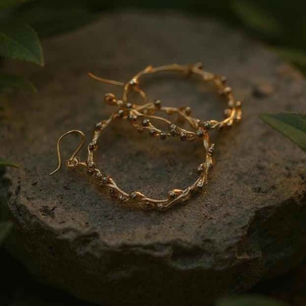 Real Mimosa Leaf Gold Hoop Earrings with Black Rhodium Detail, Handmade Nature Jewelry, Organic Botanical Hoops, Gift for Renewal &amp; Fortitude, Sterling Silver 925