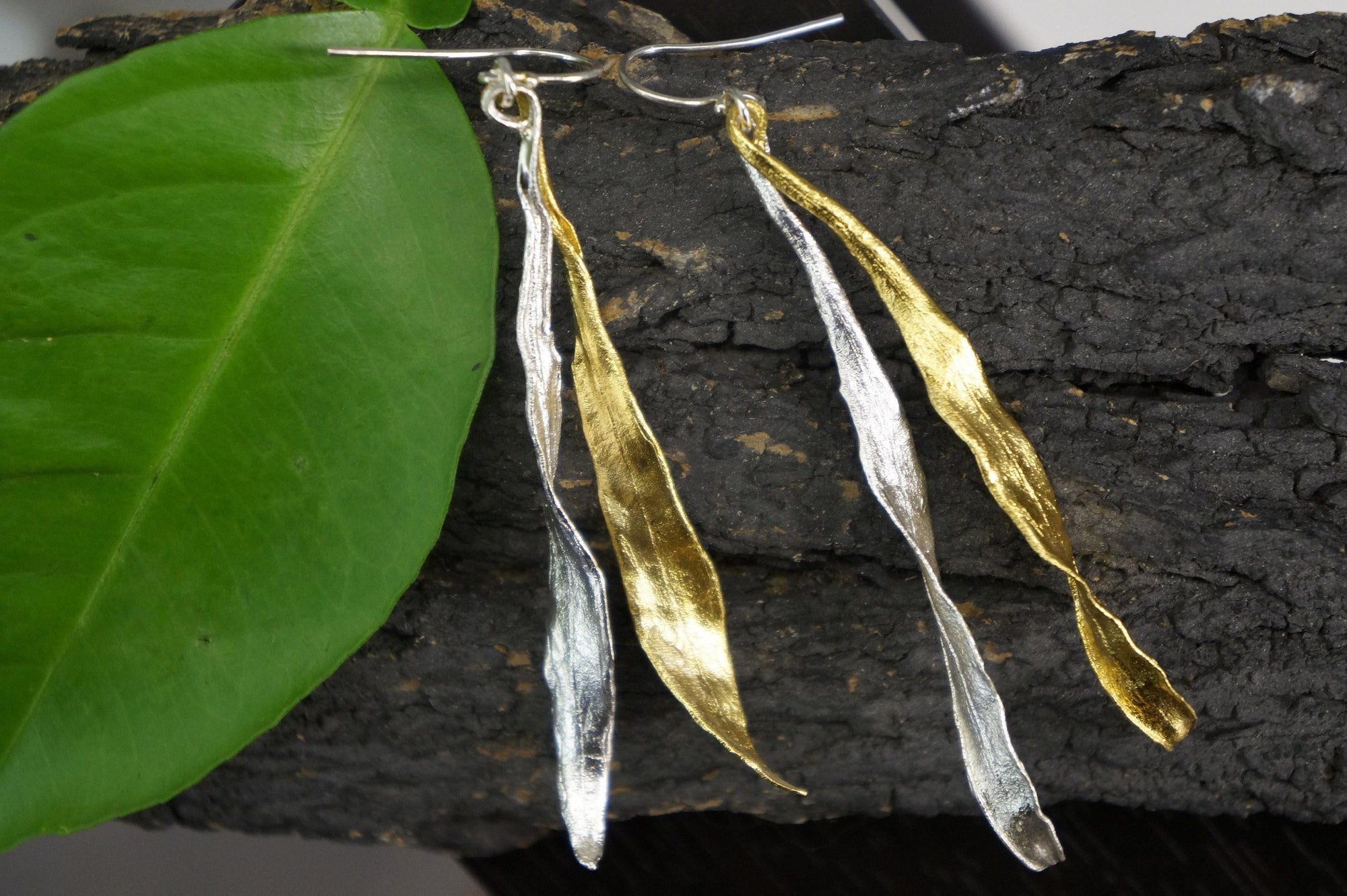 Real Olive Leaf Earrings, Handmade Statement Jewelry, Organic Forest Dangles, Nature's Gift for Luck &amp; Health, Gold and Sterling Silver 925