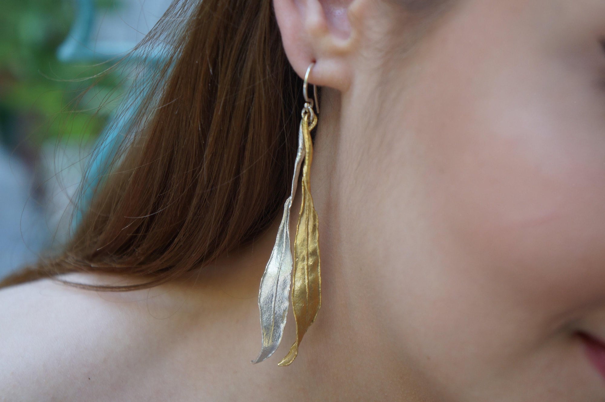 Real Olive Leaf Earrings, Handmade Statement Jewelry, Organic Forest Dangles, Nature's Gift for Luck &amp; Health, Gold and Sterling Silver 925