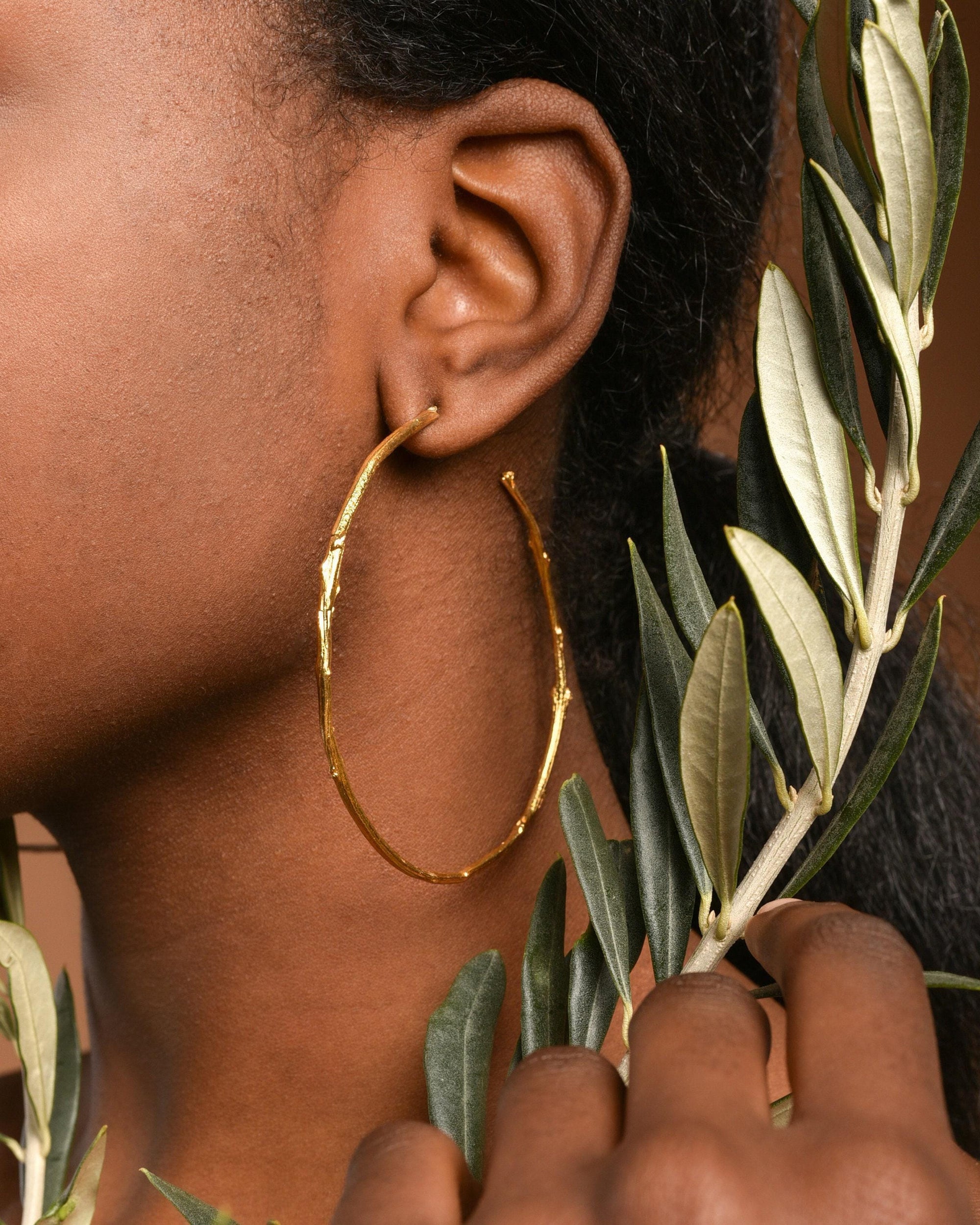 Gold Olive Branch Hoops, Handmade Nature Jewelry, Botanical Tree Earrings, Gift for Luck &amp; Success, Eco Sustainable Sterling Silver 925