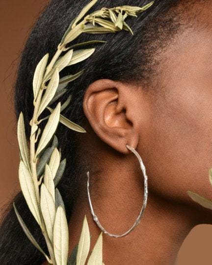 Gold Olive Branch Hoops, Handmade Nature Jewelry, Botanical Tree Earrings, Gift for Luck &amp; Success, Eco Sustainable Sterling Silver 925