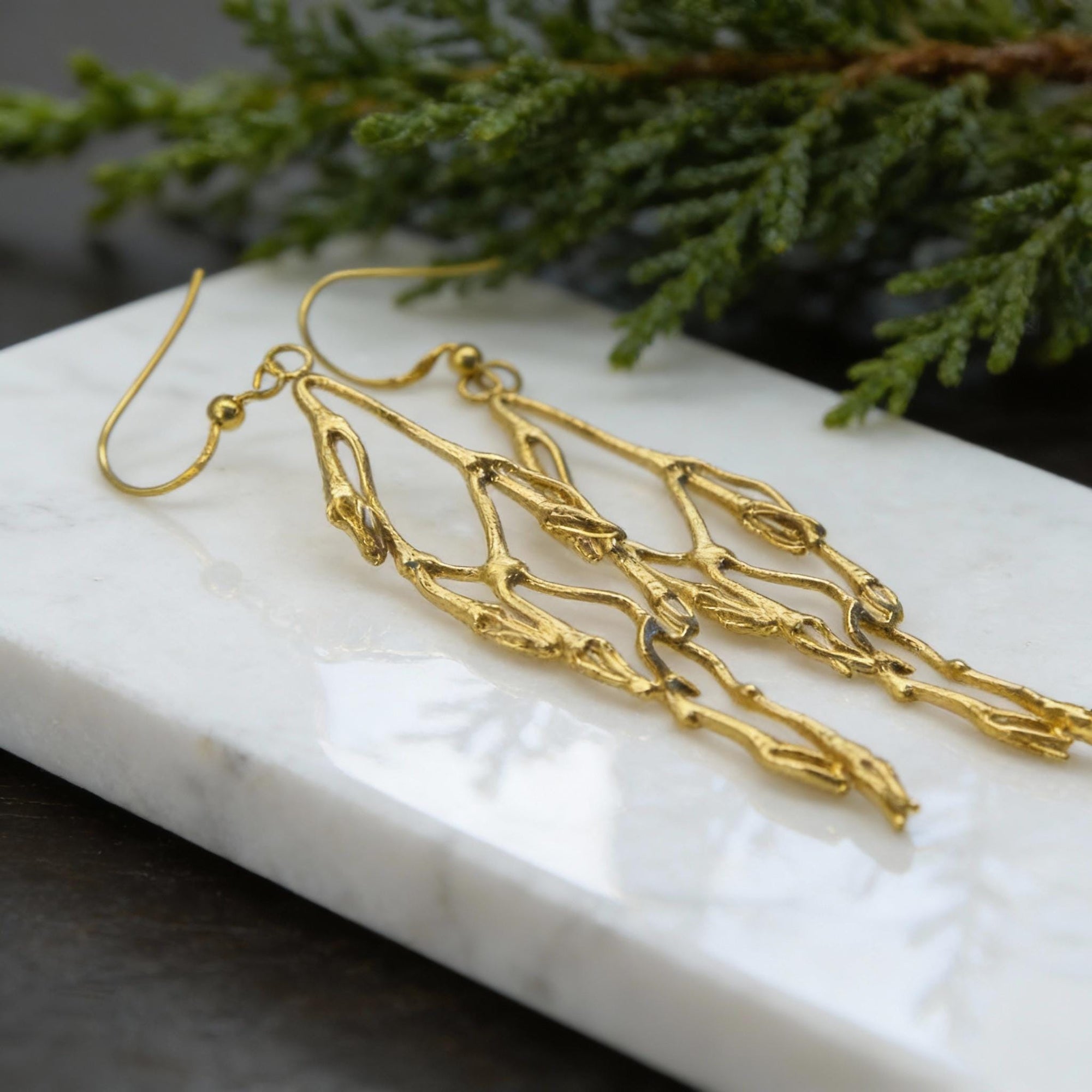 Real Jasmine Branch Earrings, Handmade Nature Jewelry, Organic Statement Dangles, Eco Gift for Purity &amp; Luck, Gold or Sterling Silver 925