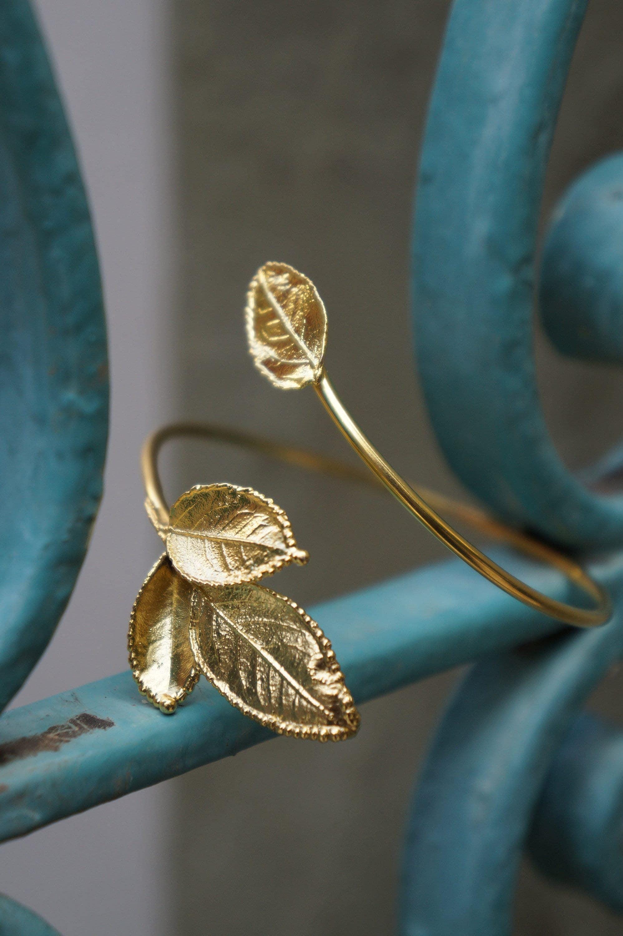 Real Rose Leaves Bracelet, Handmade Nature Jewelry, Organic Forest Cuff, Gift for Passion &amp; Health, Eco Sustainable Gold on Brass
