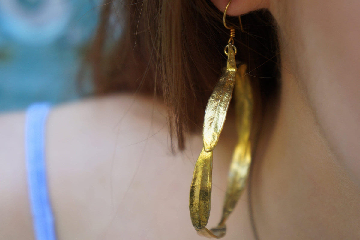 Olive Leaf Hoop Earrings - Large, Gold Plated Brass, Nature Style