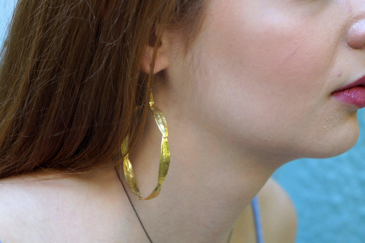 Olive Leaf Hoop Earrings - Large, Gold Plated Brass, Nature Style