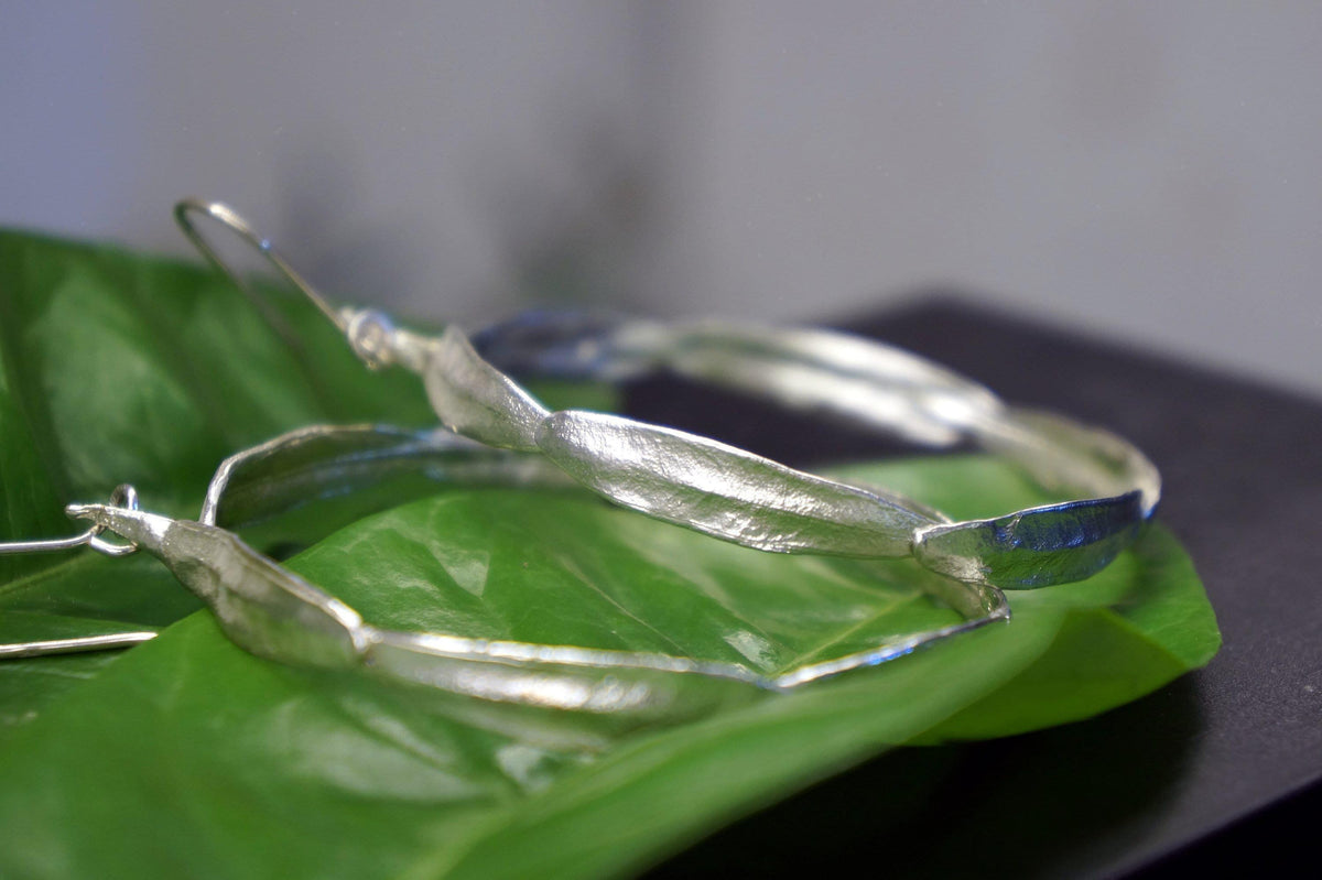 Olive Leaf Hoop Earrings - Large, Gold Plated Brass, Nature Style