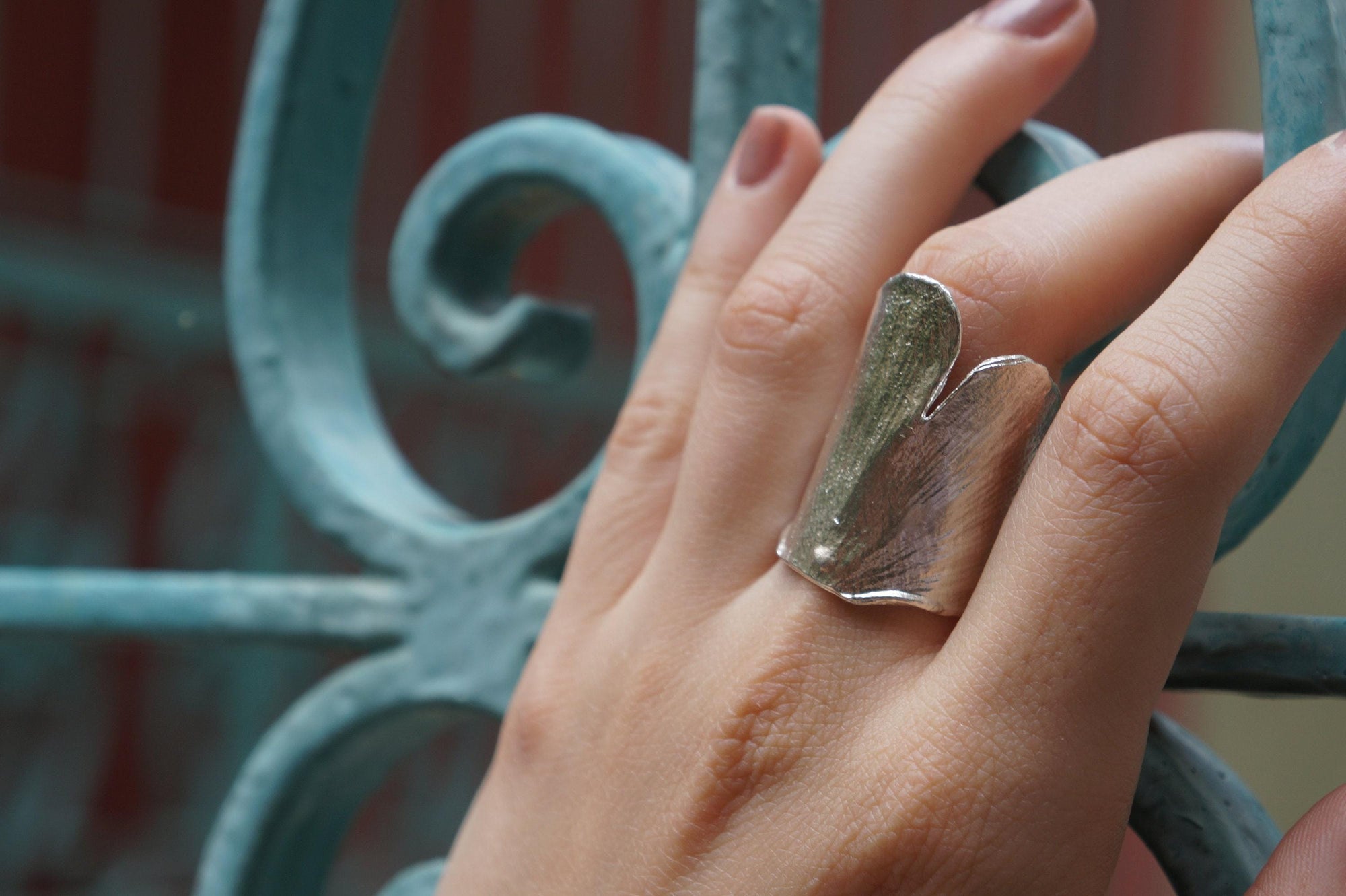 Gold Ginkgo Biloba Leaf Ring, Handmade Statement Jewelry, Organic Nature Band, Boho Gift for Luck &amp; Health, Sterling Silver 925