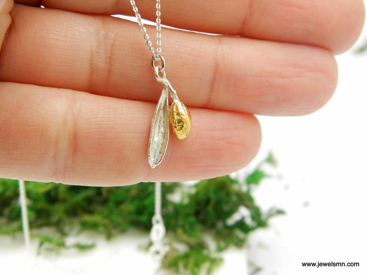 Olive Leaf Necklace, Handmade Minimalist Jewelry, Organic Tree Pendant, Gift for Success &amp; Health, Two-Tone Gold and Sterling Silver 925