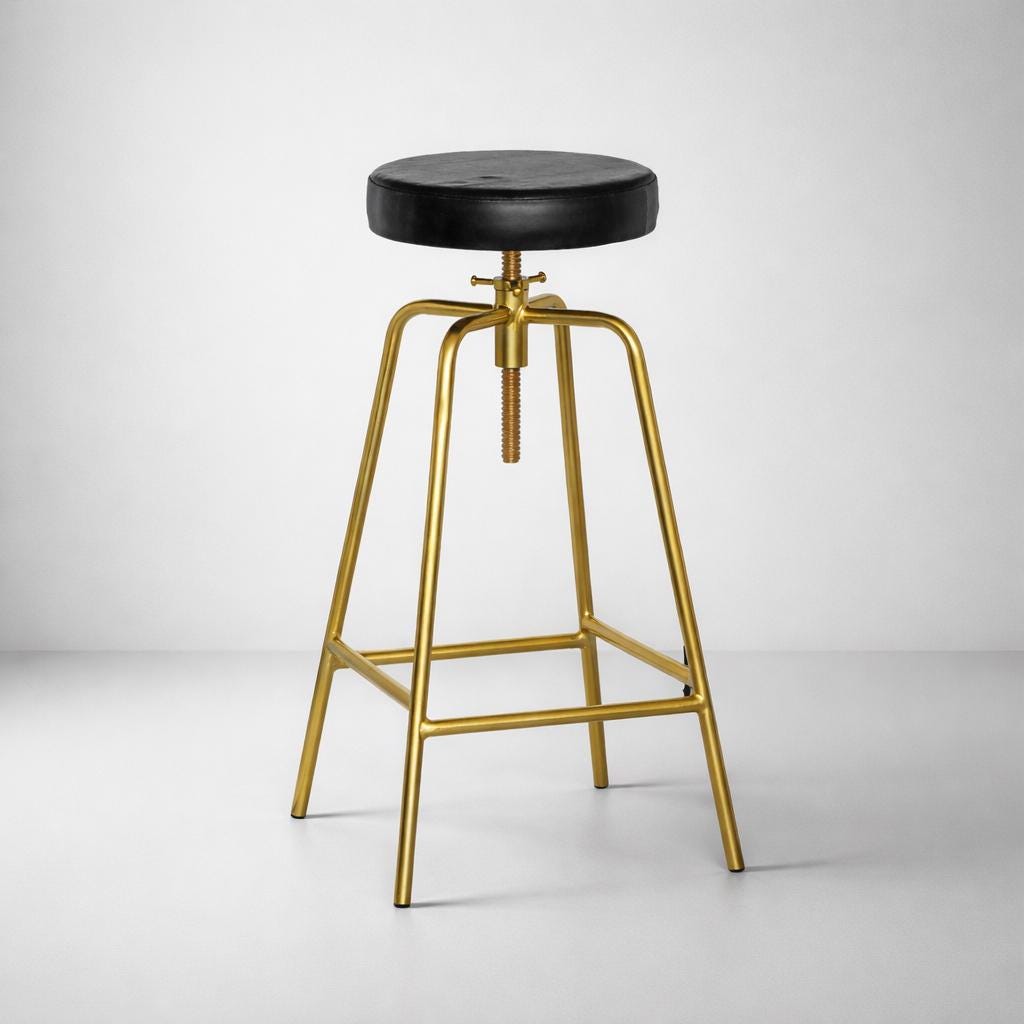 Antique Brass &amp; Black Leather Adjustable Bar Stool
