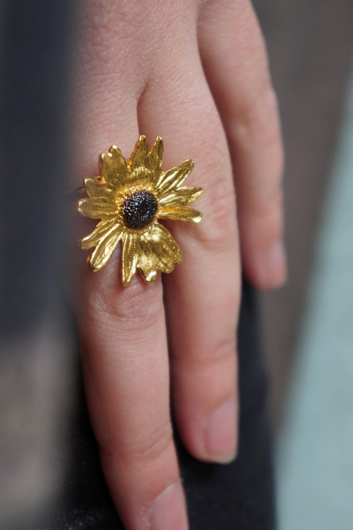 Nature Inspired Daisy Ring - Gold Plated Recycled Brass with Black Rhodium