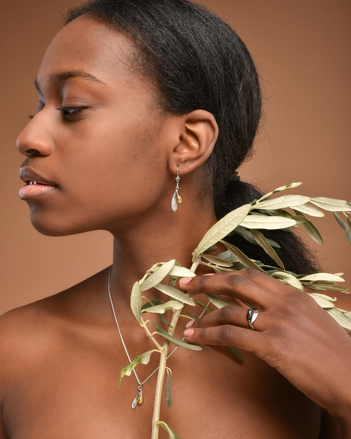 Olive Leaf Necklace, Handmade Minimalist Jewelry, Organic Tree Pendant, Gift for Success &amp; Health, Two-Tone Gold and Sterling Silver 925