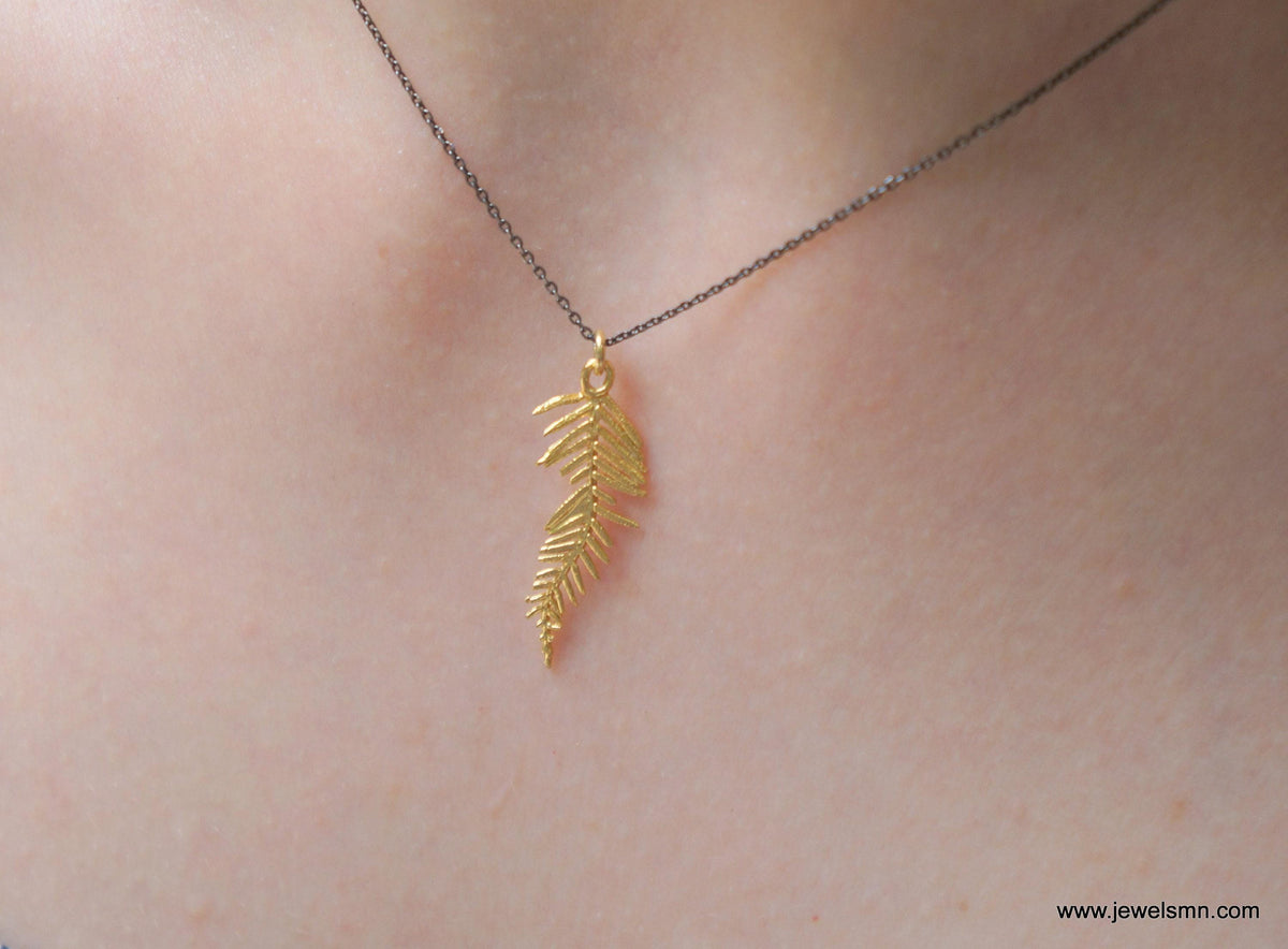 Solid Gold Acacia Leaf Necklace, Handmade Nature Jewelry, Organic Forest Pendant, Gift for Vitality &amp; Health, Real Gold (9K, 14K, 18K)
