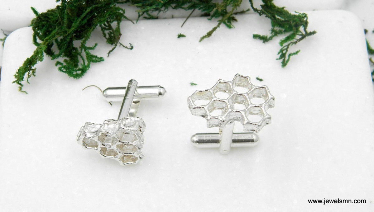 Silver Honeycomb Cufflinks, Handmade Men's Accessories for Suit, Jewelry Inspired by Bees, Sterling Silver 925