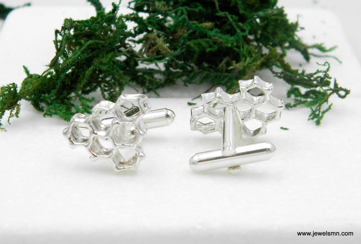 Silver Honeycomb Cufflinks, Handmade Men's Accessories for Suit, Jewelry Inspired by Bees, Sterling Silver 925