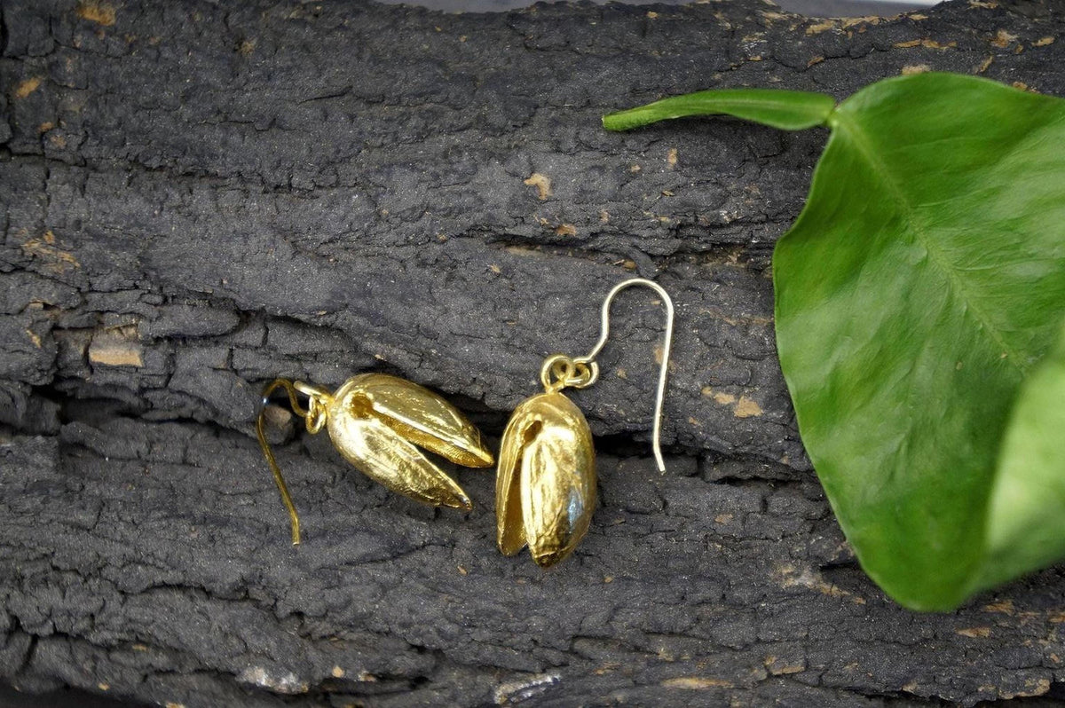 Real Pistachio Earrings, 14K Gold Plated Brass Jewelry, Gold Drop Earrings, Handmade Minimalist Jewelry Gift, Gift for Her