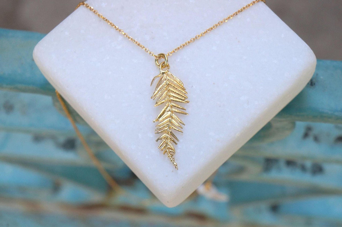 Solid Gold Acacia Leaf Necklace, Handmade Nature Jewelry, Organic Forest Pendant, Gift for Vitality &amp; Health, Real Gold (9K, 14K, 18K)
