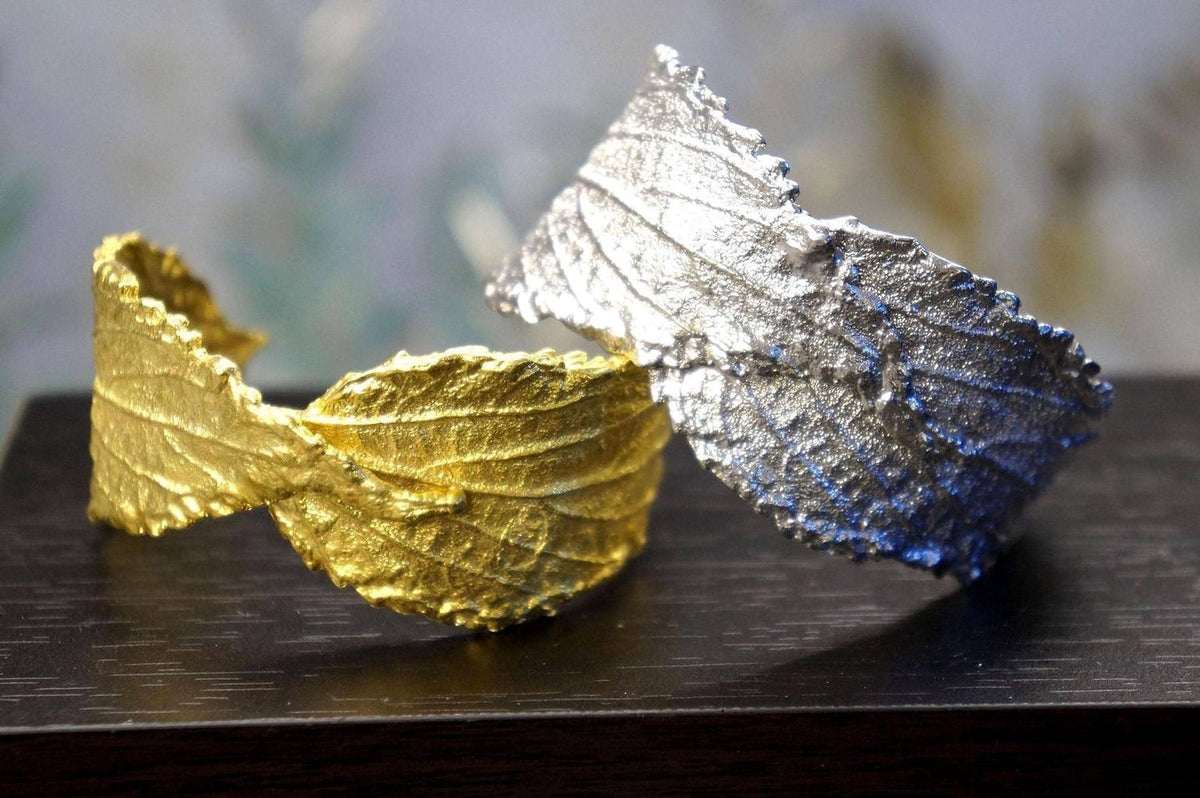 Real Hibiscus Leaf Bracelet, Handmade Nature Jewelry, Organic Forest Cuff, Gift for Beauty &amp; Vitality, Gold or Sterling Silver 925