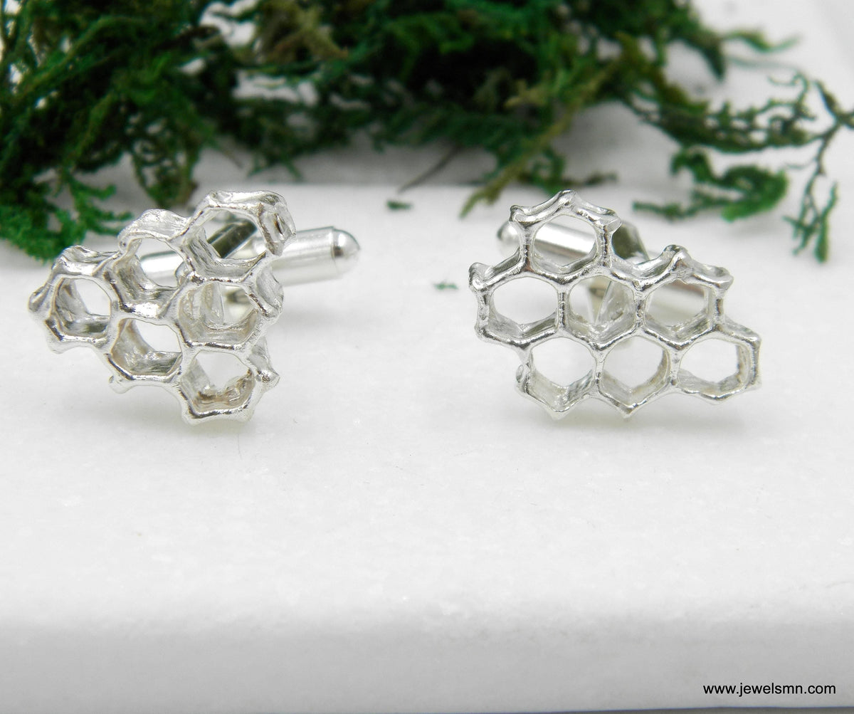 Silver Honeycomb Cufflinks, Handmade Men's Accessories for Suit, Jewelry Inspired by Bees, Sterling Silver 925