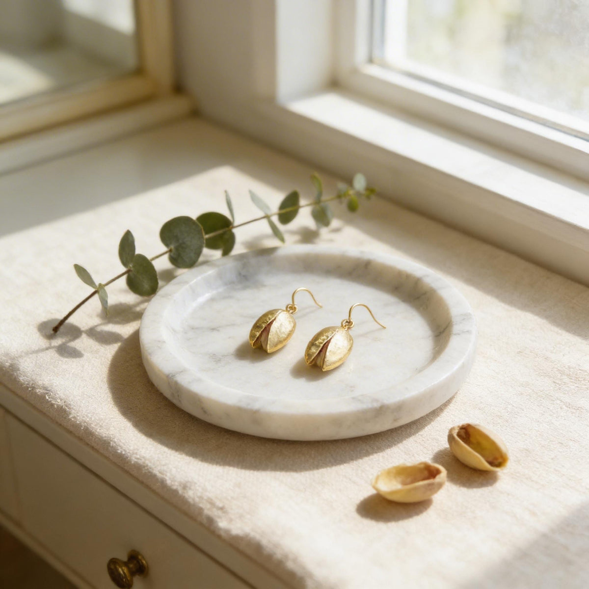 Real Pistachio Earrings, 14K Gold Plated Brass Jewelry, Gold Drop Earrings, Handmade Minimalist Jewelry Gift, Gift for Her