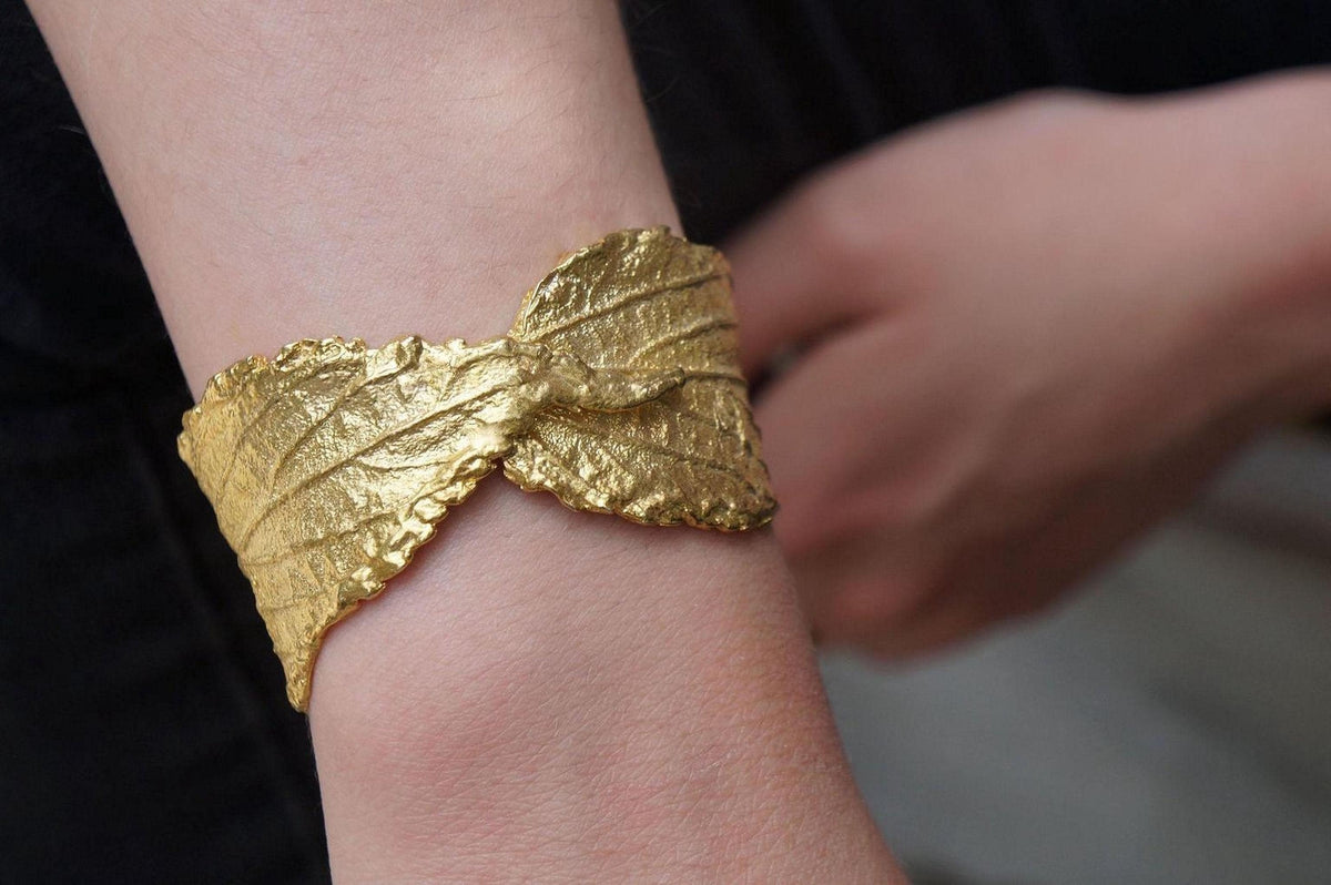 Real Hibiscus Leaf Bracelet, Handmade Nature Jewelry, Organic Forest Cuff, Gift for Beauty &amp; Vitality, Gold or Sterling Silver 925