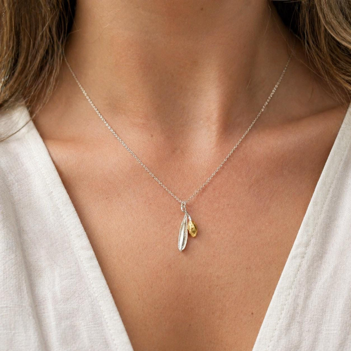 Olive Leaf Necklace, Handmade Minimalist Jewelry, Organic Tree Pendant, Gift for Success &amp; Health, Two-Tone Gold and Sterling Silver 925